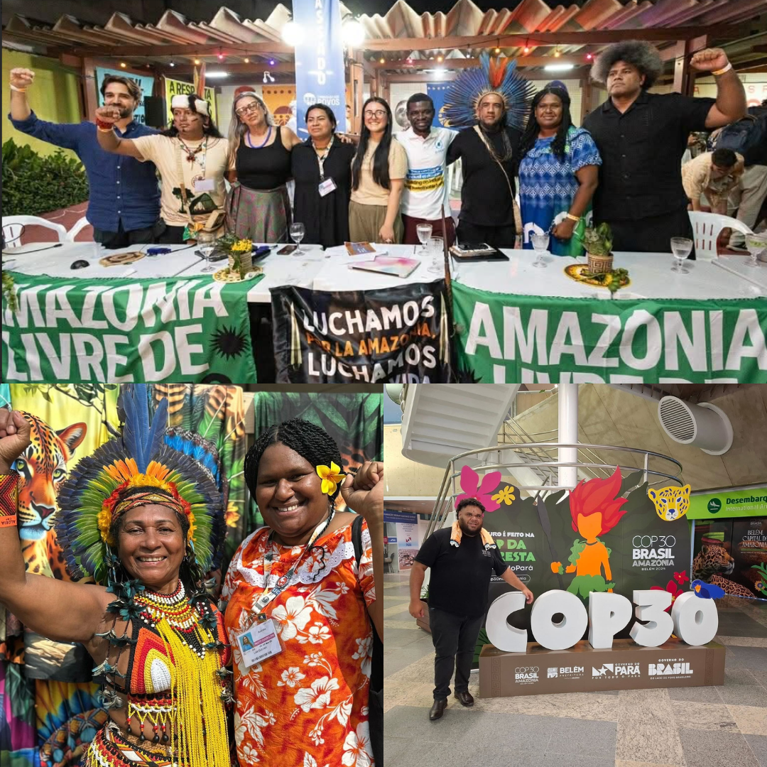 A collage of photos from COP30 that feature several colourful banners and signs including one that says, “Amazonia Livre”