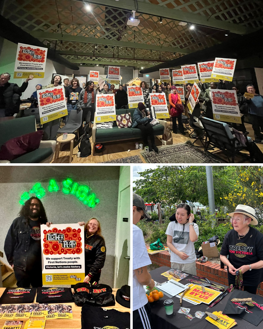 A collage of photos from our Treaty solidarity work featuring a community training, a group photo and volunteers at a stall.
